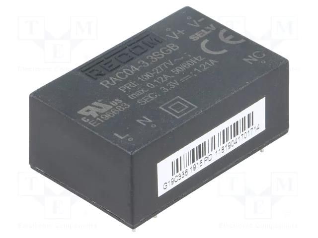 Converter: AC/DC; 4W; Uin: 85÷305VAC,120÷430VDC; Uout: 3.3VDC; 70% RECOM RAC04-3.3SGB