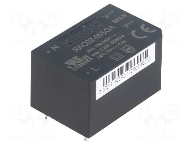 Converter: AC/DC; 2W; Uin: 85÷264VAC; 5VDC; Iout: 400mA; 63%; PCB RECOM RAC02-05SGA