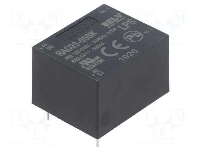 Converter: AC/DC; 3W; Uin: 85÷264VAC,120÷370VDC; Uout: 5VDC; 74% RECOM RAC03-05SK