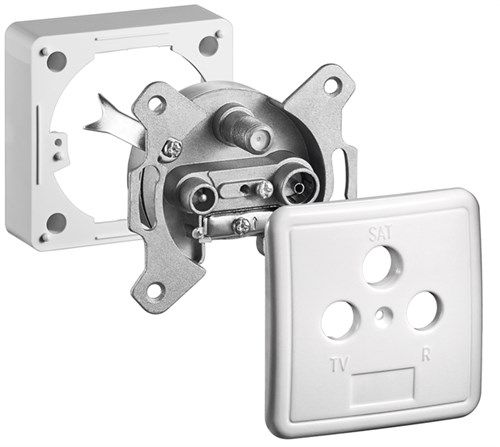 Complete Set: 3-Hole Antenna Stub/End Socket, white - incl. cover and frame, with direct voltage (DC) feed-through 68852