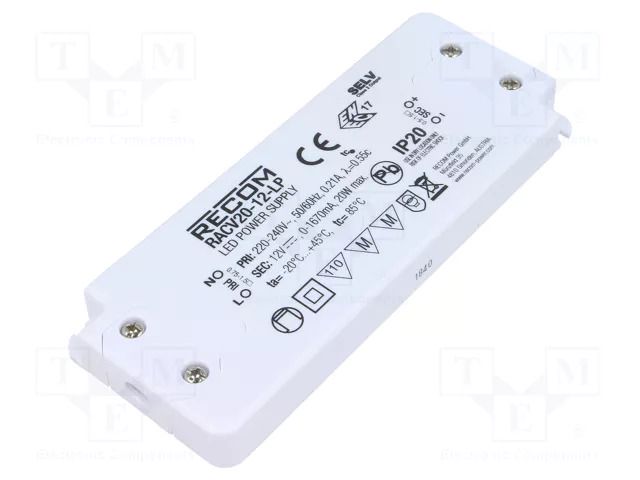 Power supply: switching; LED; 20W; 12VDC; 1670mA; 198÷264VAC; IP20 RECOM RACV20-12-LP