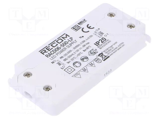 Power supply: switching; LED; 6W; 2÷12VDC; 500mA; 198÷264VAC; IP20 RECOM RACD06-500-LP