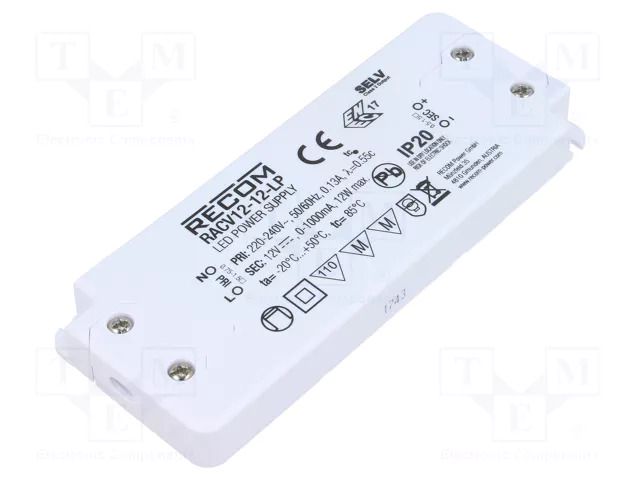 Power supply: switching; LED; 12W; 12VDC; 1000mA; 198÷264VAC; IP20 RECOM RACV12-12-LP