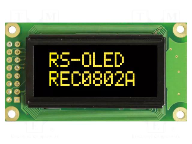 Display: OLED; alphanumeric; 8x2; Dim: 58x32x10mm; yellow; PIN: 16 RAYSTAR OPTRONICS REC000802AYPP5N01