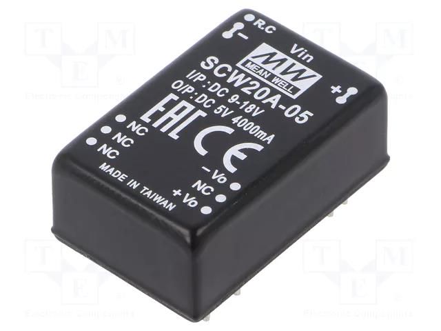 Converter: DC/DC; 20W; Uin: 9÷18VDC; Uout: 5VDC; Iout: 4000mA; DIP24 MEAN WELL SCW20A-05
