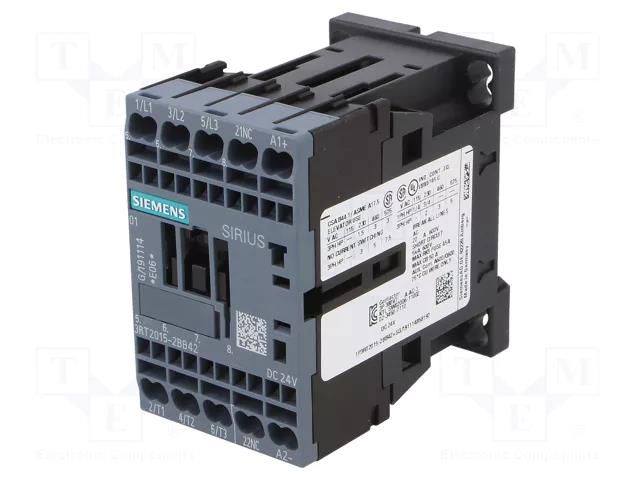 Contactor: 3-pole; NO x3; Auxiliary contacts: NC; 24VDC; 7A; 3RT20 SIEMENS 3RT2015-2BB42