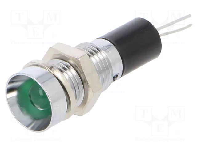 Indicator: LED; prominent; green; 12VDC; Ø8mm; for PCB; brass MENTOR 2693.8281