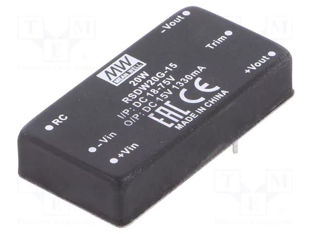 Converter: DC/DC; 20W; Uin: 18÷75VDC; Uout: 15VDC; Iout: 1330mA; THT MEAN WELL RSDW20G-15
