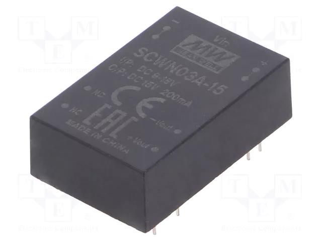 Converter: DC/DC; 3W; Uin: 9÷18VDC; Uout: 15VDC; Iout: 200mA; DIP24 MEAN WELL SCWN03A-15