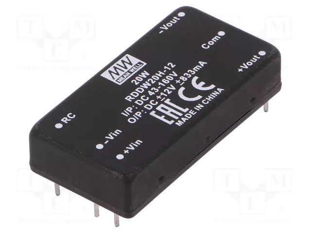 Converter: DC/DC; 20W; Uin: 43÷160VDC; Uout: 12VDC; Uout2: -12VDC MEAN WELL RDDW20H-12