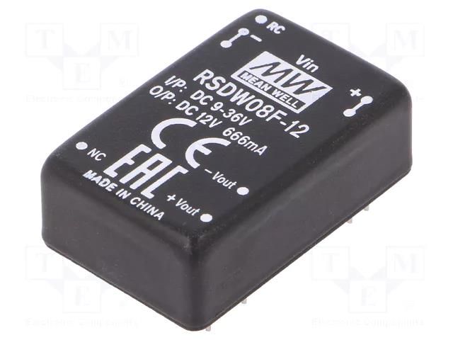 Converter: DC/DC; 8W; Uin: 9÷36VDC; Uout: 12VDC; Iout: 0÷666mA; DIP24 MEAN WELL RSDW08F-12