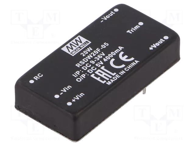 Converter: DC/DC; 20W; Uin: 9÷36VDC; Uout: 5VDC; Iout: 4000mA; THT MEAN WELL RSDW20F-05