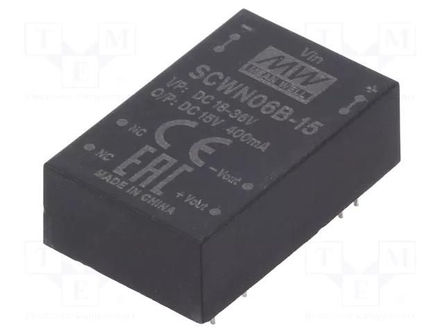 Converter: DC/DC; 6W; Uin: 18÷36VDC; Uout: 15VDC; Iout: 400mA; DIP24 MEAN WELL SCWN06B-15