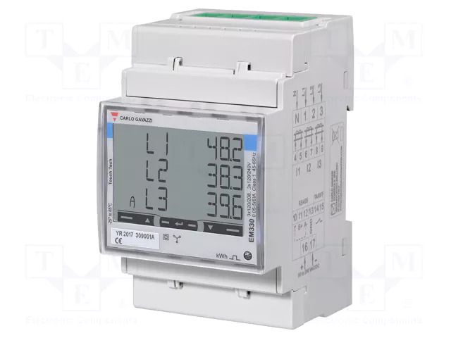 Counter; digital,mounting; for DIN rail mounting; three-phase CARLO GAVAZZI EM330DINAV53HS1PFB