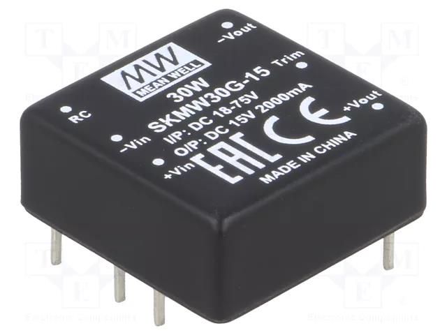 Converter: DC/DC; 30W; Uin: 18÷75VDC; Uout: 15VDC; Iout: 0÷2000mA MEAN WELL SKMW30G-15