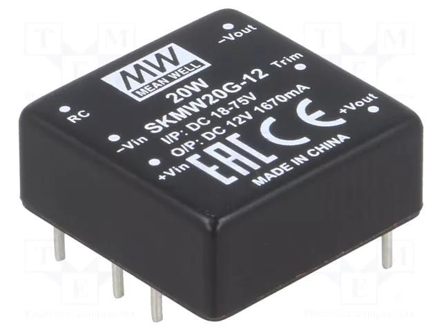 Converter: DC/DC; 20W; Uin: 18÷75VDC; Uout: 12VDC; Iout: 0÷1670mA MEAN WELL SKMW20G-12