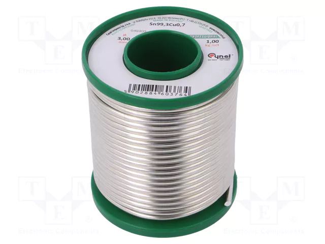 Tin; lead free; Sn99,3Cu0,7; 3mm; 1kg; reel; Flux: flux free; 227°C CYNEL SN99C-3/1SOLID