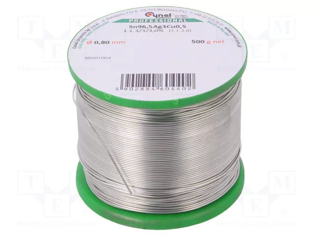 Tin; lead free; Sn96,5Ag3Cu0,5; 0.8mm; 500g; reel; 217÷220°C; 3% CYNEL SAC305-0.8/0.5