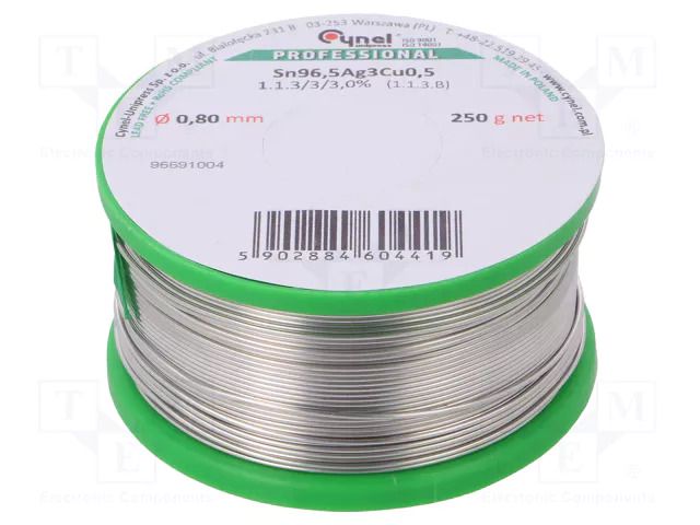 Tin; lead free; Sn96,5Ag3Cu0,5; 0.8mm; 250g; reel; 217÷220°C; 3% CYNEL SAC305-0.8/0.25