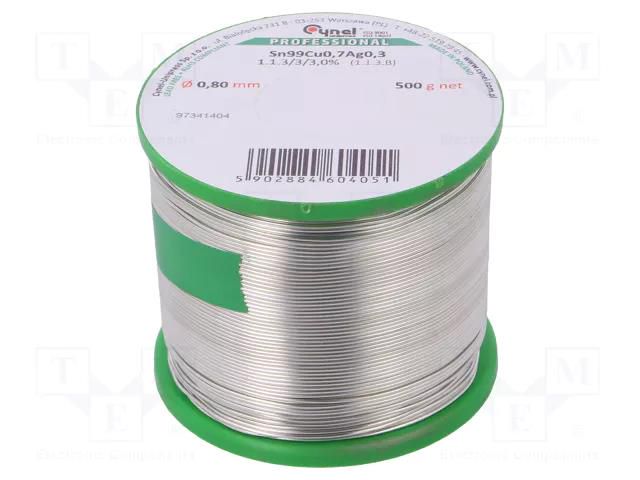 Tin; lead free; Sn99Ag0,3Cu0,7; 0.8mm; 500g; reel; 216÷227°C; 3% CYNEL SAC0307-0.8/0.5