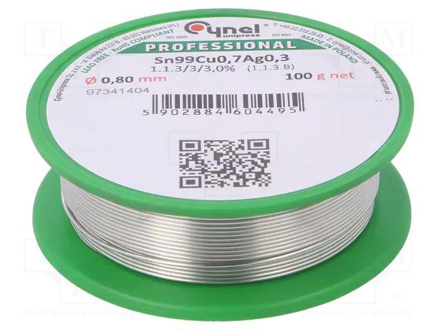 Tin; lead free; Sn99Ag0,3Cu0,7; 0.8mm; 100g; reel; 216÷227°C; 3% CYNEL SAC0307-0.8/0.1