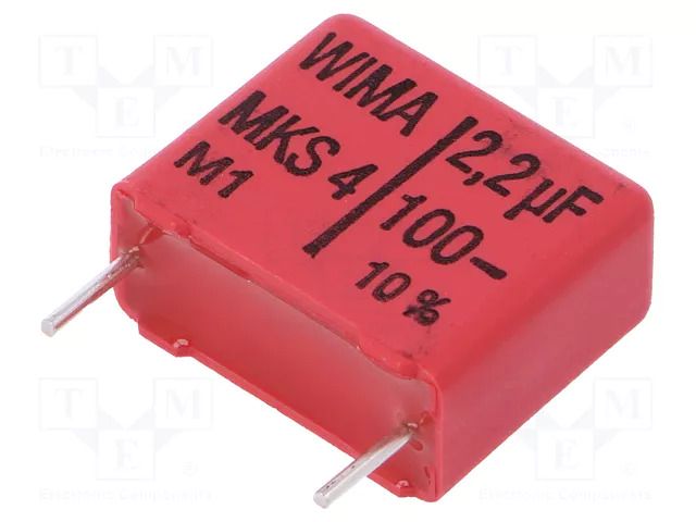 Capacitor: polyester; 2.2uF; 63VAC; 100VDC; 15mm; ±10%; 8x15x18mm WIMA MKS4-2.2U/100