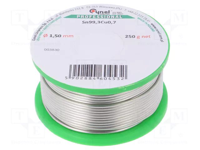 Tin; lead free; Sn99,3Cu0,7; 1.5mm; 250g; reel; Flux: flux free CYNEL SN99C-15/025SOLID