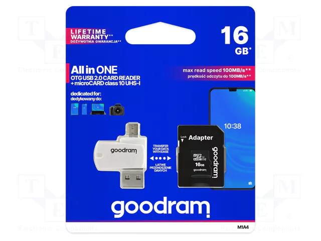 Memory card; microSDHC; R: 100MB/s; W: 10MB/s; Class 10 UHS U1 GOODRAM M1A4-0160R12