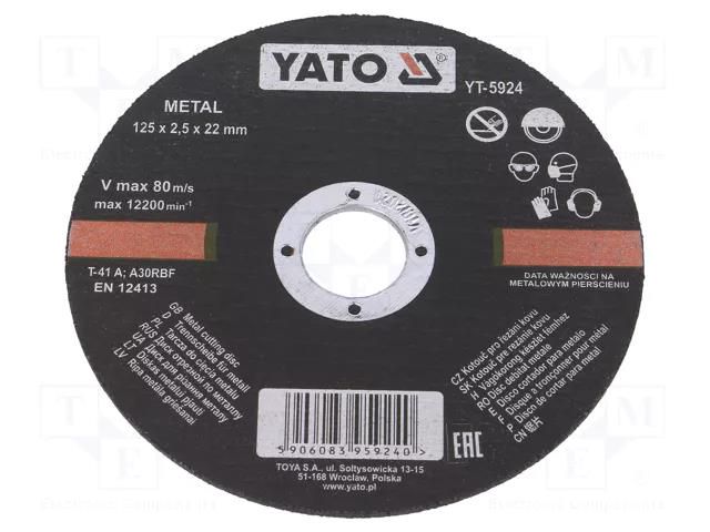 Cutting wheel; Ø: 125mm; Øhole: 22mm; Disc thick: 2.5mm; 12200rpm YATO YT-5924