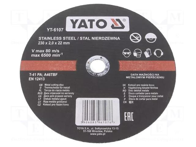 Cutting wheel; Ø: 230mm; Øhole: 22mm; Disc thick: 2mm; 6500rpm YATO YT-6107