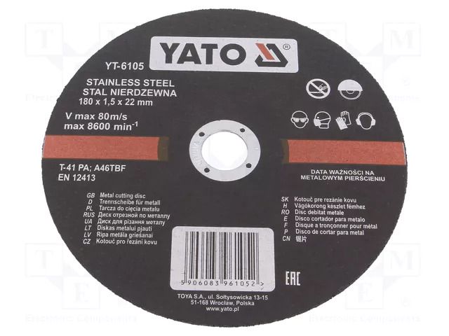 Cutting wheel; Ø: 180mm; Øhole: 22mm; Disc thick: 1.5mm; 8600rpm YATO YT-6105