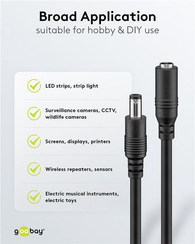 DC Extension Cable, 1.5m 5.5x2.1mm black  2x0.5 mm² max 24VDC 140W 76635 4040849766350