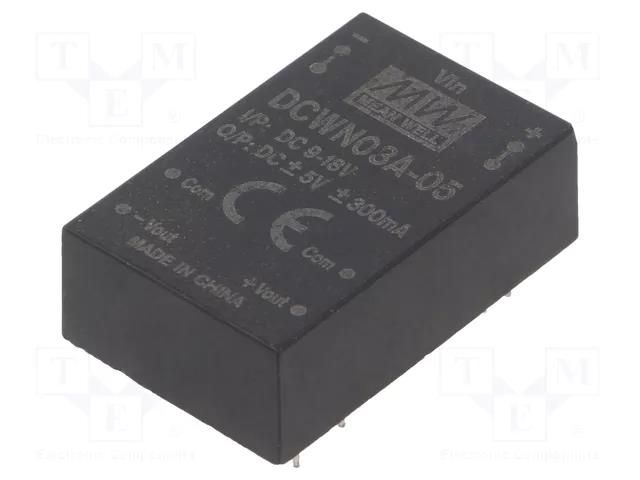 Converter: DC/DC; 3W; Uin: 9÷18VDC; Uout: 5VDC; Uout2: -5VDC; DIP24 MEAN WELL DCWN03A-05
