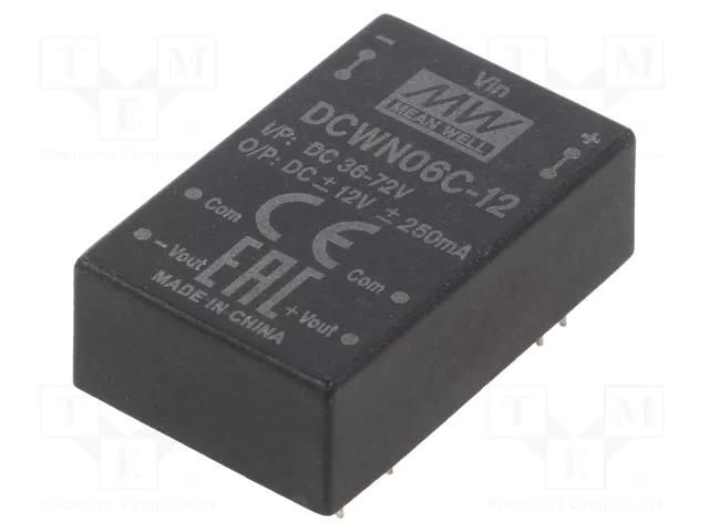 Converter: DC/DC; 6W; Uin: 36÷72VDC; Uout: 12VDC; Uout2: -12VDC; THT MEAN WELL DCWN06C-12