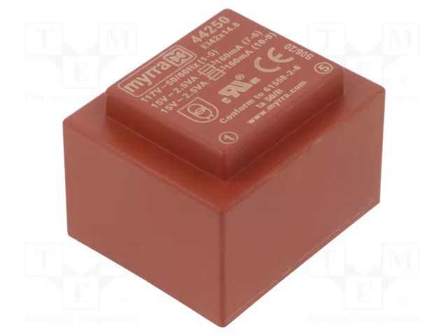 Transformer: encapsulated; 5VA; 117VAC; 15V; 15V; 167mA; 167mA; PCB MYRRA MYRRA-44250
