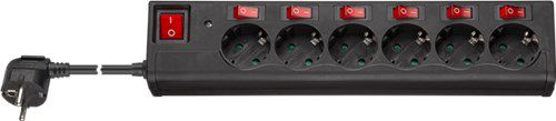 6-Way Surge-Protected Power Strip with Switch, 1.5 m, black - 6x safety socket (Type F, CEE 7/3) with individual switches 72567