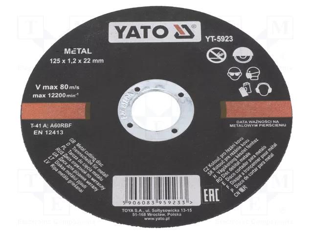 Cutting wheel; Ø: 125mm; Øhole: 22mm; Disc thick: 1.2mm; 12200rpm YATO YT-5923