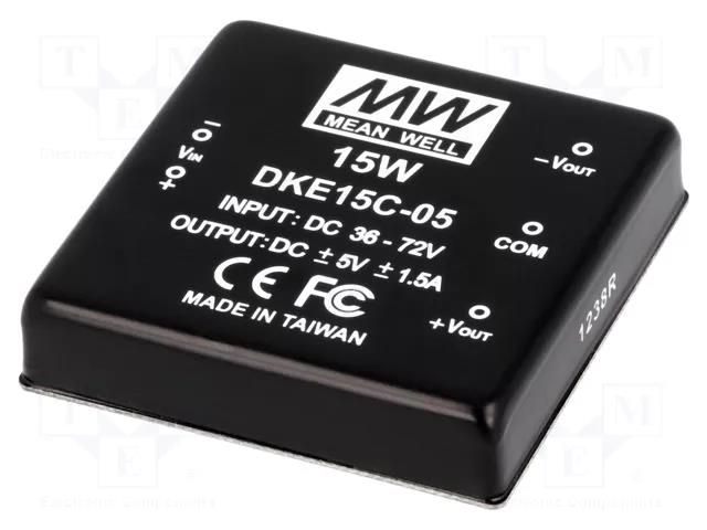 Converter: DC/DC; 15W; Uin: 36÷72VDC; Uout: -5VDC,5VDC; Iout: 1500mA MEAN WELL DKE15C-05