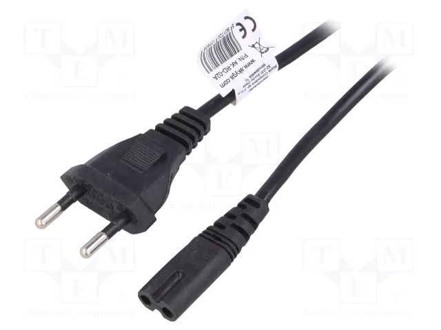 Cable; 2x0.5mm2; CEE 7/16 (C) plug,IEC C7 female; PVC; 3m; black AKYGA AK-RD-02A