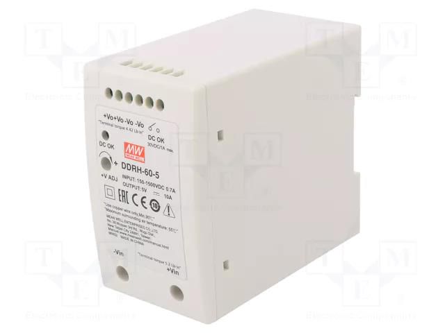 Converter: DC/DC; 50W; Uin: 150÷1500VDC; Uout: 5VDC; Iout: 10A; 4kV MEAN WELL DDRH-60-5