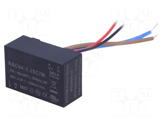 Converter: AC/DC; 4W; Uin: 80÷264VAC,115÷370VDC; Uout: 3.3VDC; 67% RECOM RAC04-3.3SC/W