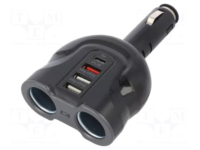 Cigarette lighter splitter; USB A socket x3,USB C socket QOLTEC QOLTEC-50641