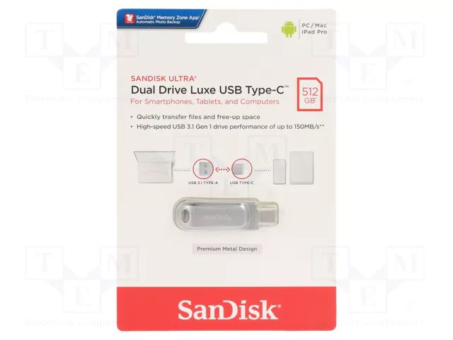 Pendrive; USB 3.1; 512GB; R: 150MB/s; ULTRA DUAL DRIVE LUXE SANDISK SDDDC4-512G-G46