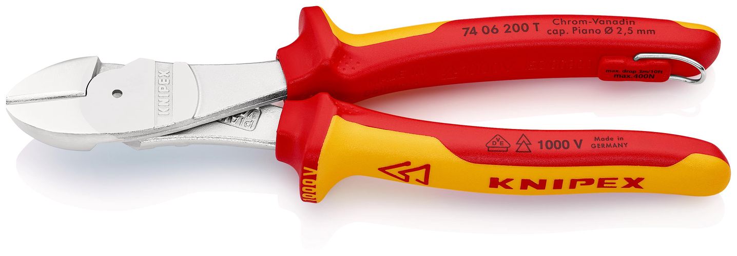 KNIPEX 74 06 200 T High Leverage Diagonal Cutter insulated with multi-component grips, VDE-tested with integrated insulated tether attachment point for a tool tether chrome-plated 200 mm 74 06 200 T 4003773081494