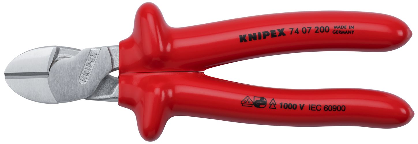 KNIPEX 74 07 200 High Leverage Diagonal Cutter with dipped insulation, VDE-tested chrome-plated 200 mm 74 07 200 4003773018414
