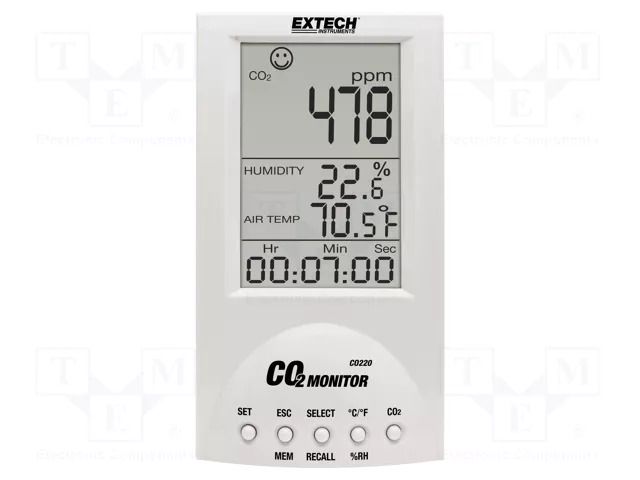 Meter: CO2, temperature and humidity; Range: 0÷9999ppm (CO2) EXTECH CO220