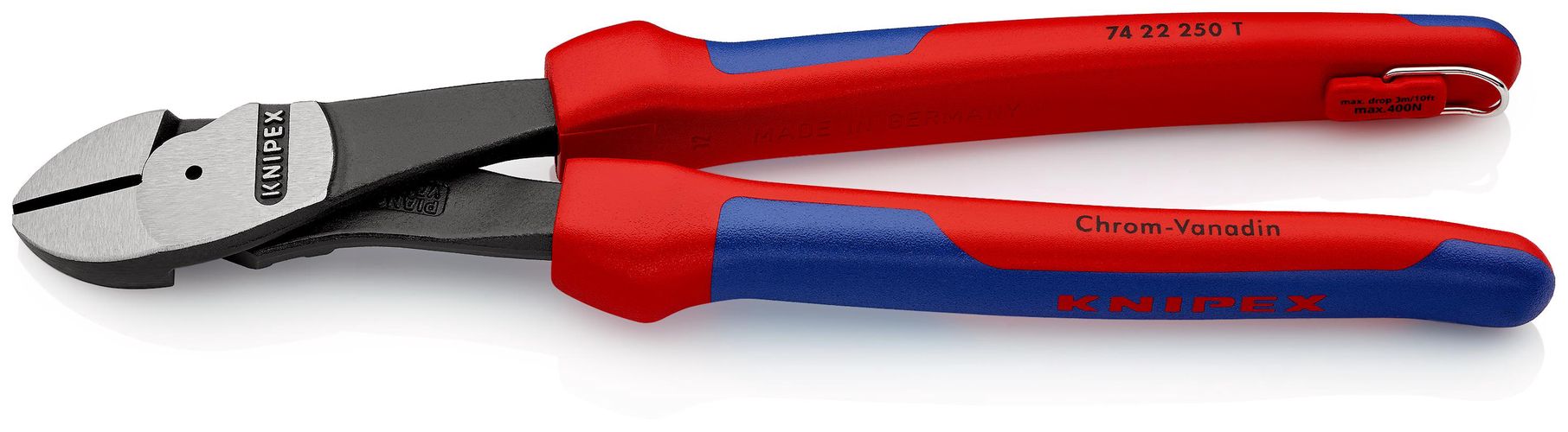 KNIPEX 74 22 250 T High Leverage Diagonal Cutter with multi-component grips, with integrated tether attachment point for a tool tether black atramentized 250 mm 74 22 250 T 4003773080114