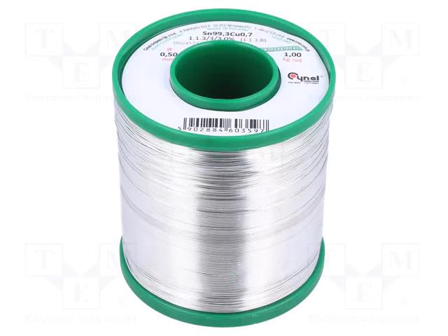 Tin; lead free; Sn99,3Cu0,7; 0.5mm; 1000g; reel; 227°C; 3% CYNEL SN99C-0.5/1.0