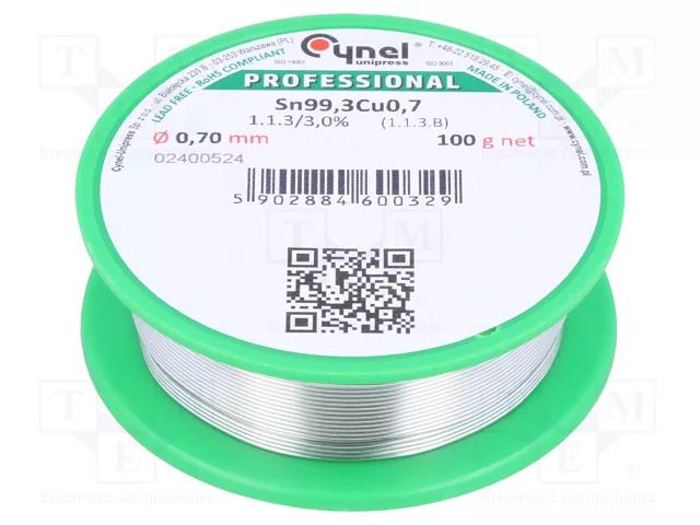 Tin; lead free; Sn99,3Cu0,7; 0.7mm; 100g; reel; 227°C; 3%; Flux: SW32 CYNEL SN99C-0.7/0.1