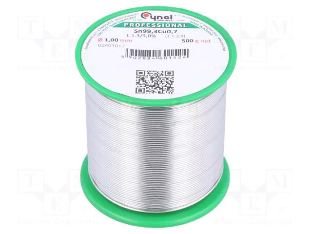 Tin; lead free; Sn99,3Cu0,7; 1mm; 500g; reel; 227°C; 3%; Flux: SW32 CYNEL SN99C-1.0/0.5